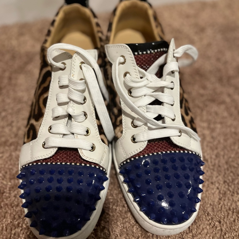 Christian Louboutin White and Blue Spiked Sneakers